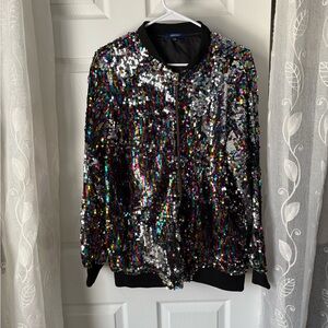 Cresay colorful Sequin Bomber Jacket Full Zip Long Sleeves women size 2XL
